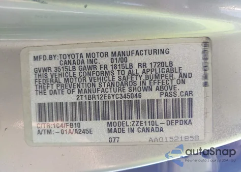 2000 Toyota Corolla Ce из США, поврежденный, VIN 2T1BR12E6YC345046